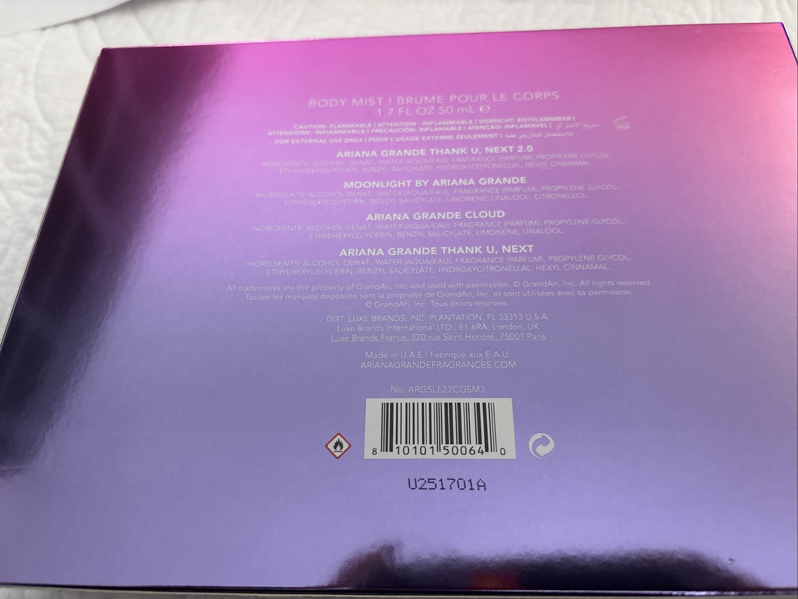 4PC Body Spray Set 1.7 OZ Thank U Next 2.0, Moonlight, Cloud,Thank U,next
