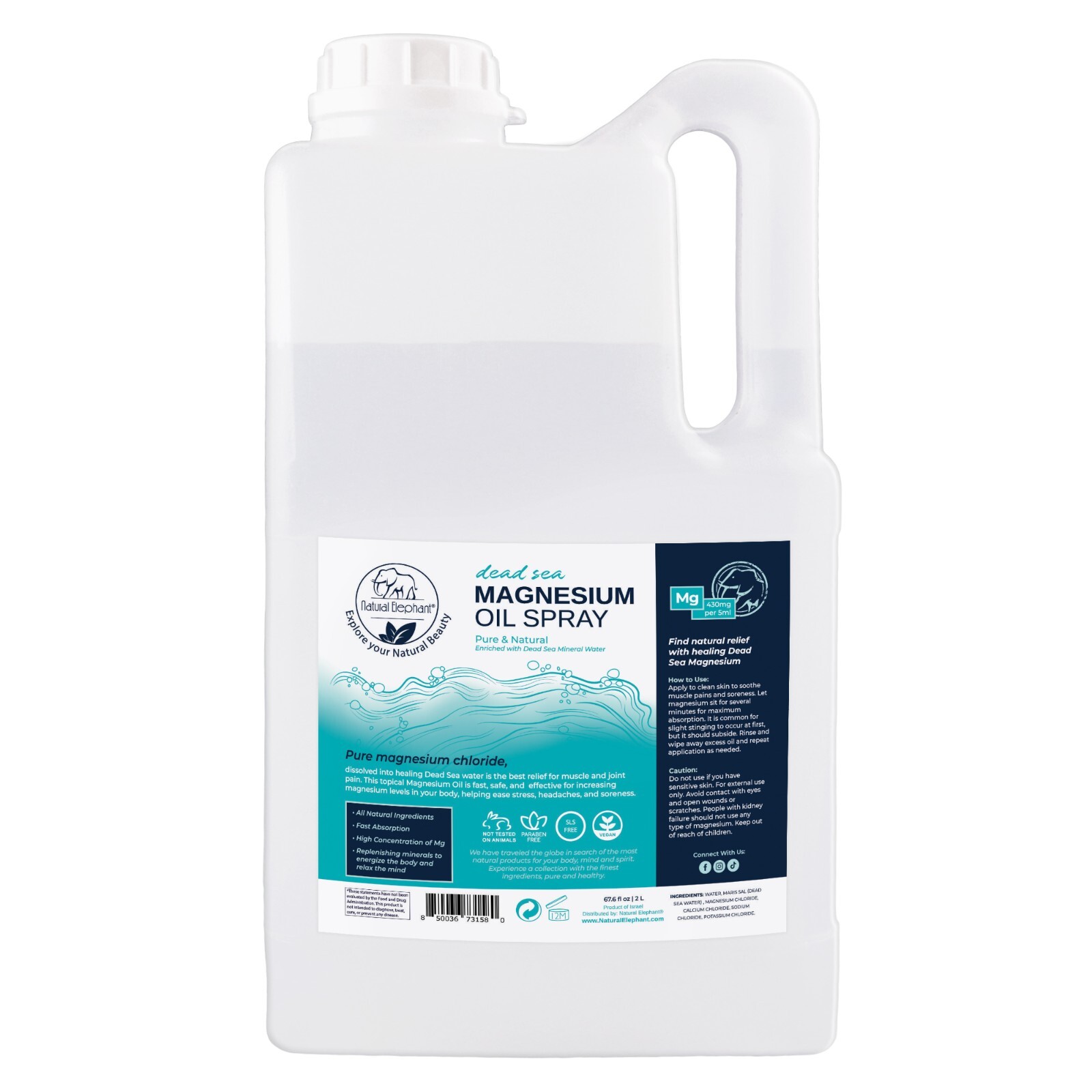 Natural Elephant Dead Sea Pure Magnesium Oil Spray 2 Liters Bulk (67 fl oz)