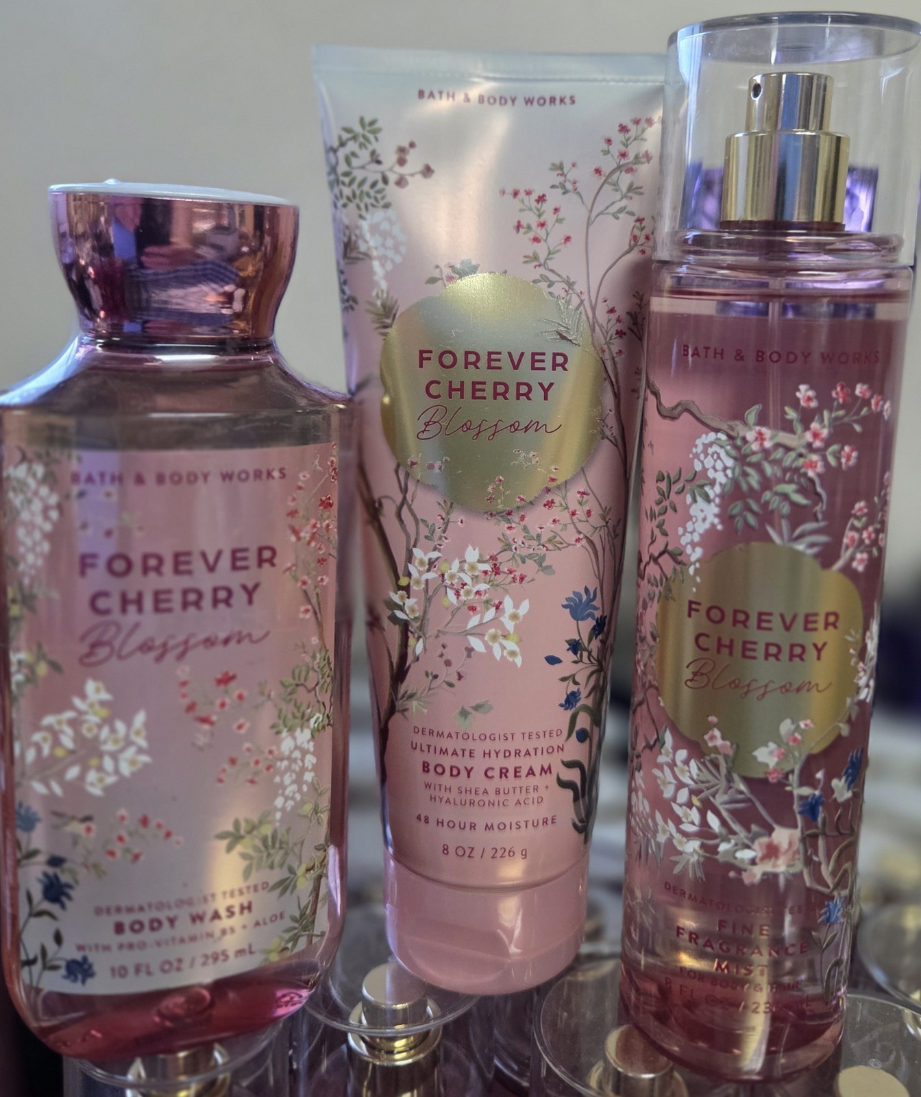 FOREVER CHERRY BLOSSOM LOT OF 3 CREAM LOTION, SPRAY, Shower Gel BATH BODY WORKS