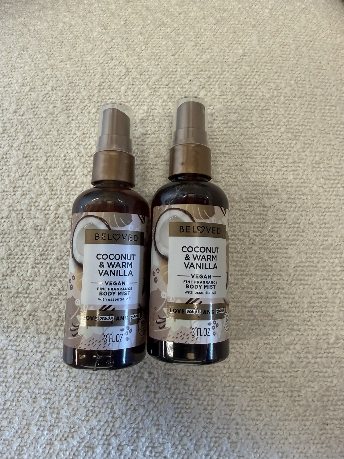 Lot of 2 Beloved Coconut & Warm Vanilla Vegan Fine Fragrance Body Mist 3 fl oz