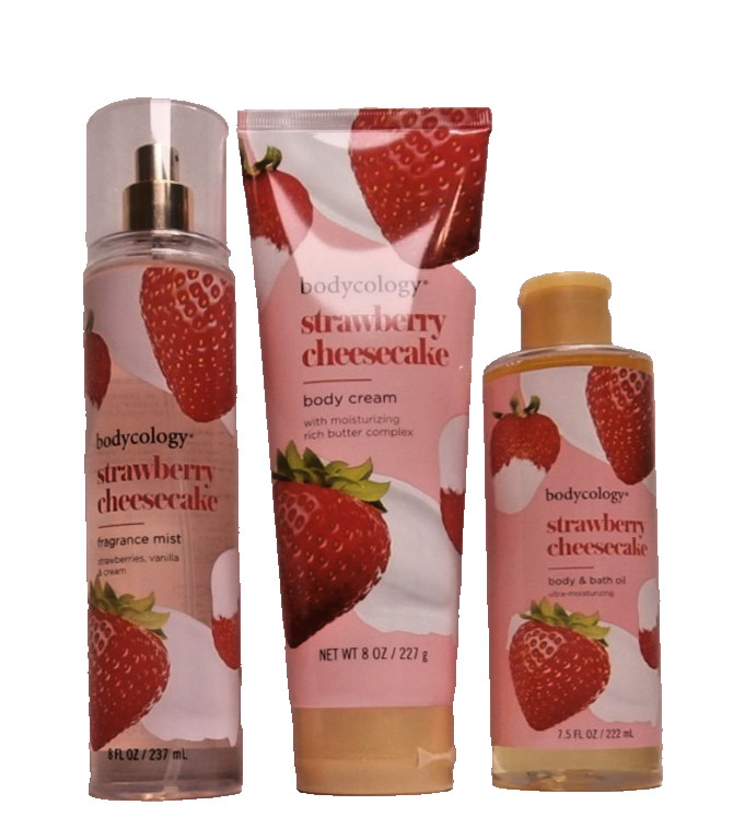 bodycology strawberry cheesecake FRAGRANCE MIST 8 oz, BODY CREAM 8 oz, Bath Oil