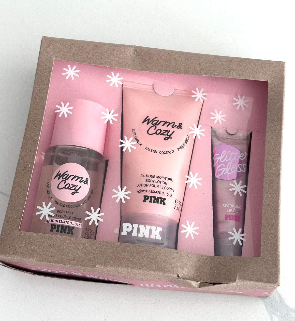 Victoria’s Secret PINK Warm & Cozy Set:Body Mist, Body Lotion, Sparkling Lip Oil