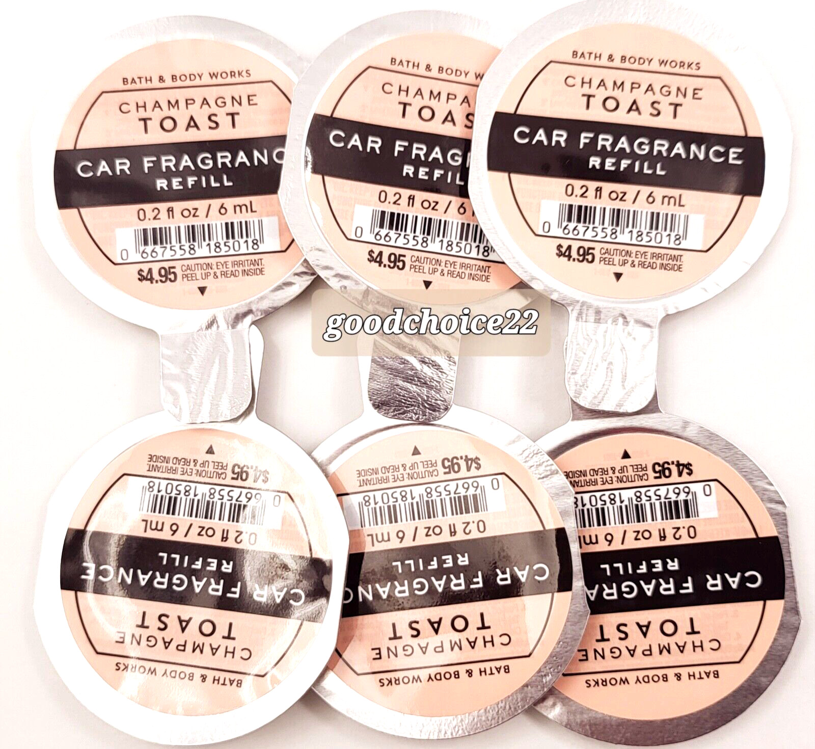 (6) Bath & Body Works CHAMPAGNE TOAST Car Fragrance Refill 0.2 fl oz / 6 mL
