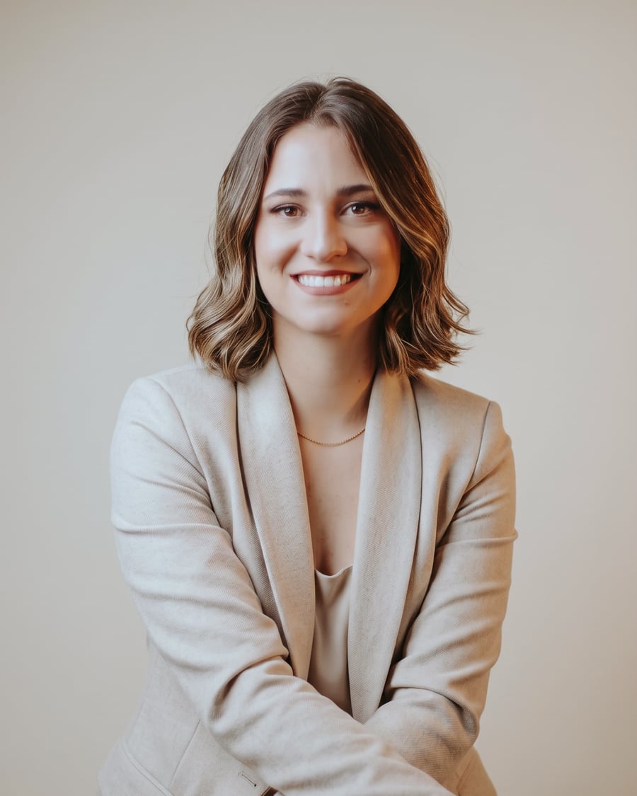 Retrato de Letícia Sotoriva, de blazer bege, sentada, sorrindo, em fundo bege